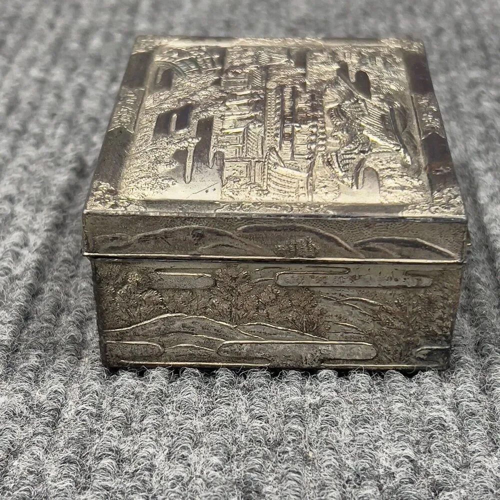 Vintage Trinket Vanity Box Wooden‎ Lined Inside Silvertone Detailed 4x3 Japan
